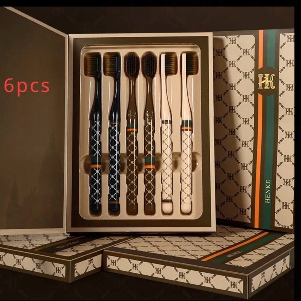 Toothbrush Set - 6 pc. Set, Black, Cream & Brown Design, NEW, Look of Luxury